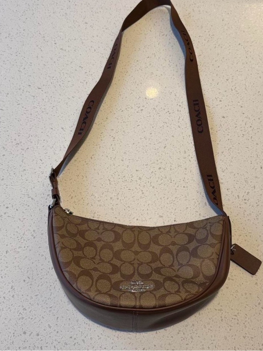 Coach Crescent Signature Canvas Crossbody in Brown and Khaki